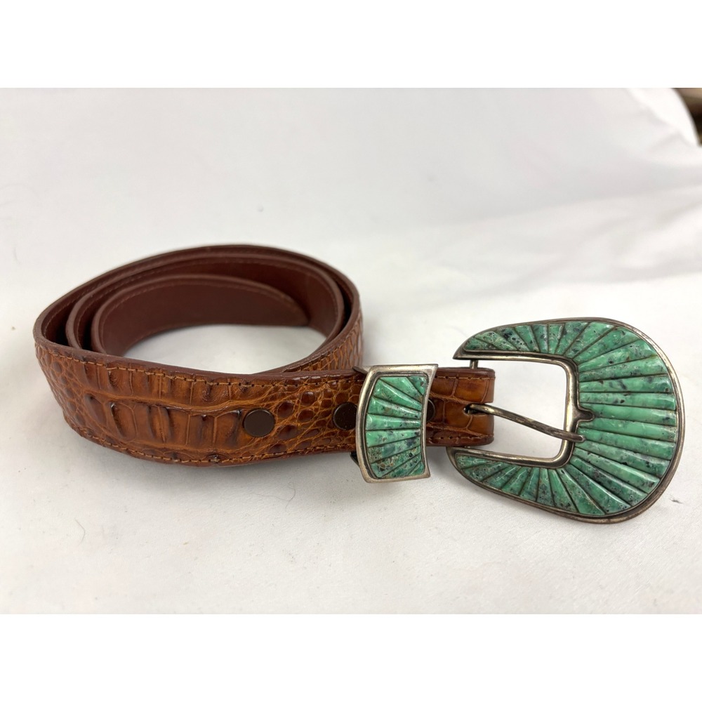 Vintage Alligator Belt Sterling Turquoise Inlay‎ Signed Buckle Set 28 Rare